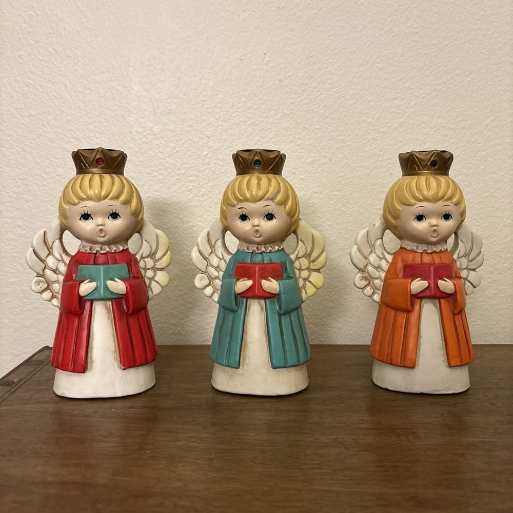 Vintage Homco Japan Set Of 3 Christmas Choir Caroler Angel Candle Holder 1960s